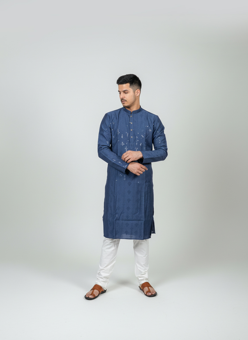 English-Blue-Threaded-Kurta-Set
