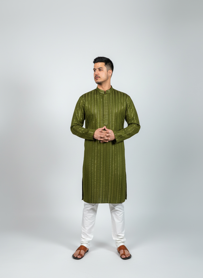 Olive-Green-Threaded-Kurta-Set