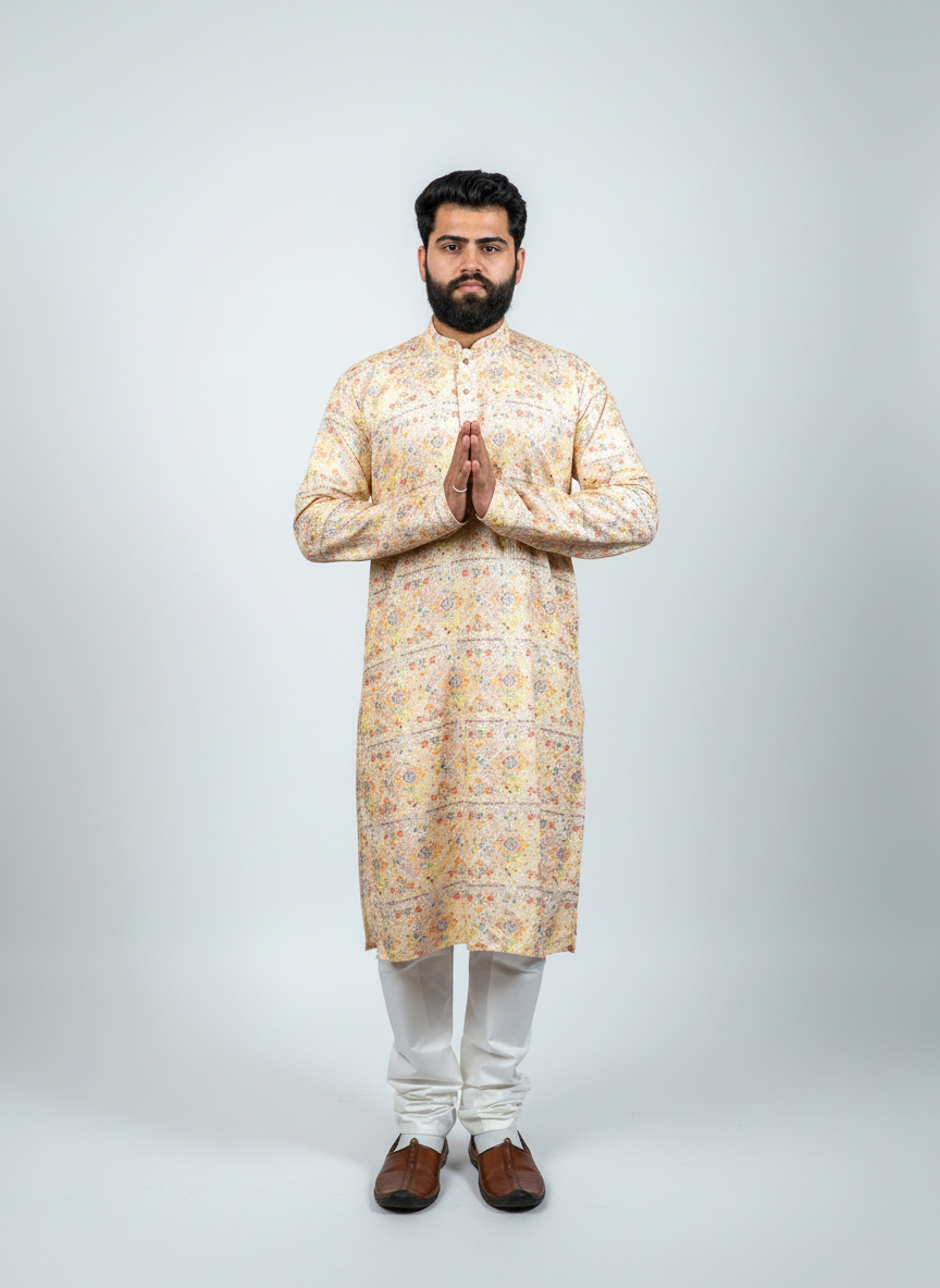 Soft Pastel Print Kurta Set Yellow